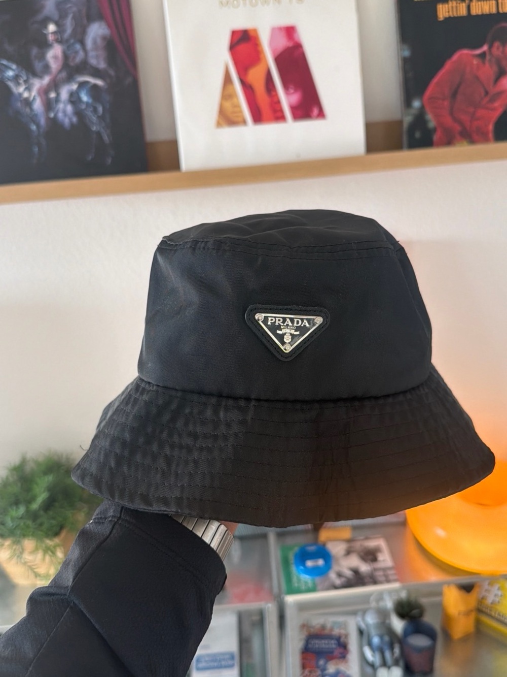 Prada Black Nylon Re-Nylon Triangle Logo Bucket Hat